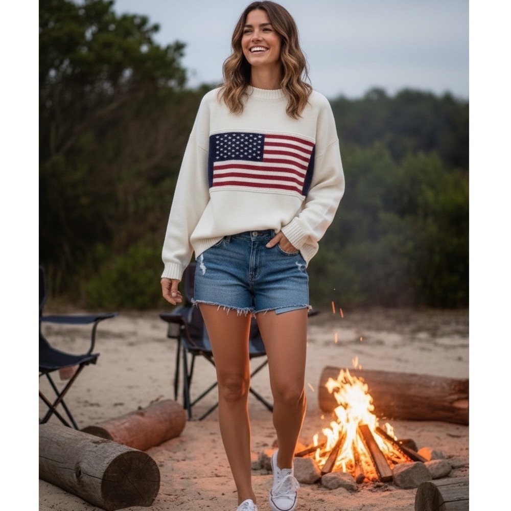 David Taylor Off White American Flag Oversized Crewneck Sweater Women's Large